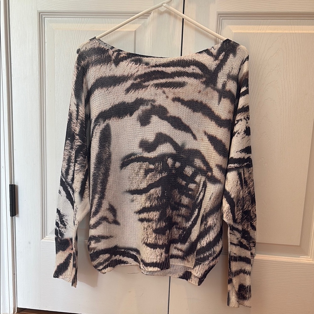 fab'rik Black and White Off-the-Shoulder Sweater with Abstract Pattern
